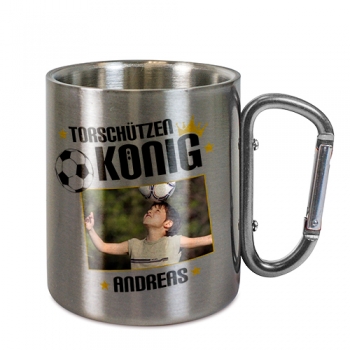 Preview: Edelstahltasse 10oz, silber Karabiner-Henkel, ca. D: 80 mm/H: 90 mm