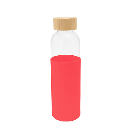 Gnstig kaufen bei JOE*S Print+Sportshop - Glasflasche mit Verschluss aus  Bambus und farbigem Silikonbeutel. 500 ml