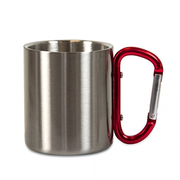 Edelstahltasse 8oz, roter Karabiner-Henkel, ca. D: 70 mm/H: 80 mm